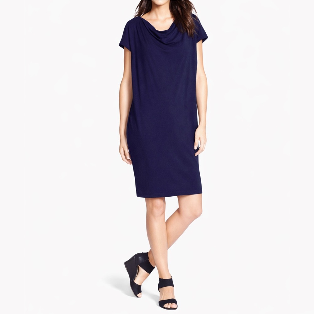 Eileen Fisher Navy Drape Neck Shift Dress. PM